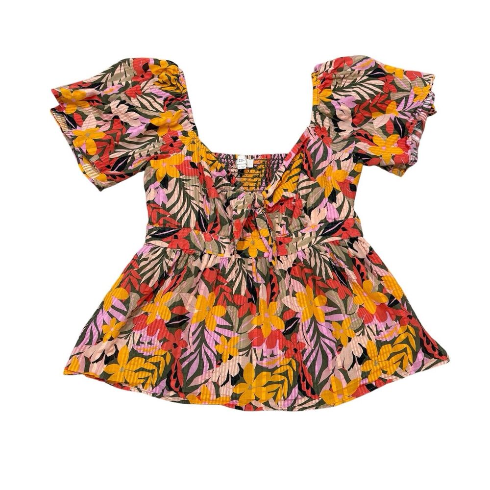 Loft Tropical Flutter Bodice Tied Front Top Size M